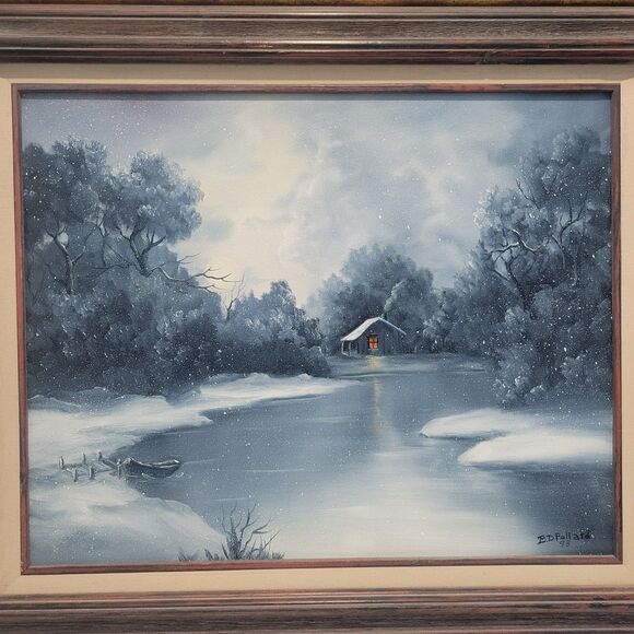 Vtg Oil Painting 25"x21" Canvas Snow Cabin stream Trees Water Sgn BD Pollard '93 - Picture 4 of 16
